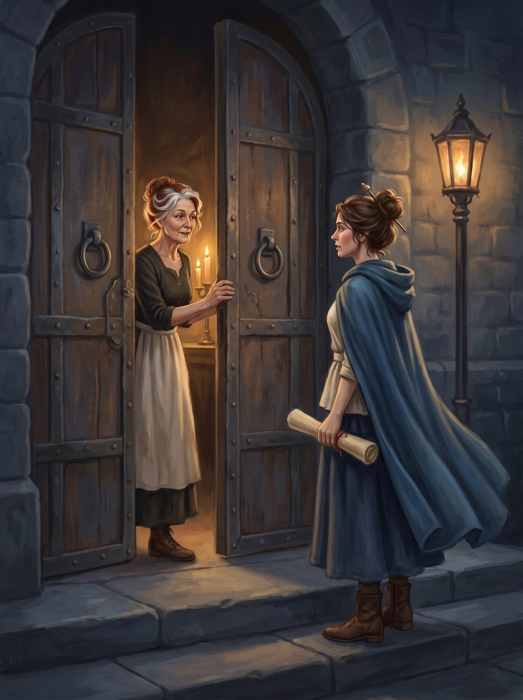Illustration from The Quest, Part One: by lamplight, Zelda opens the Citadel’s great wooden doors to Mordonia Harvest, who waits on the stone step in a blue cloak, holding a rolled scroll.