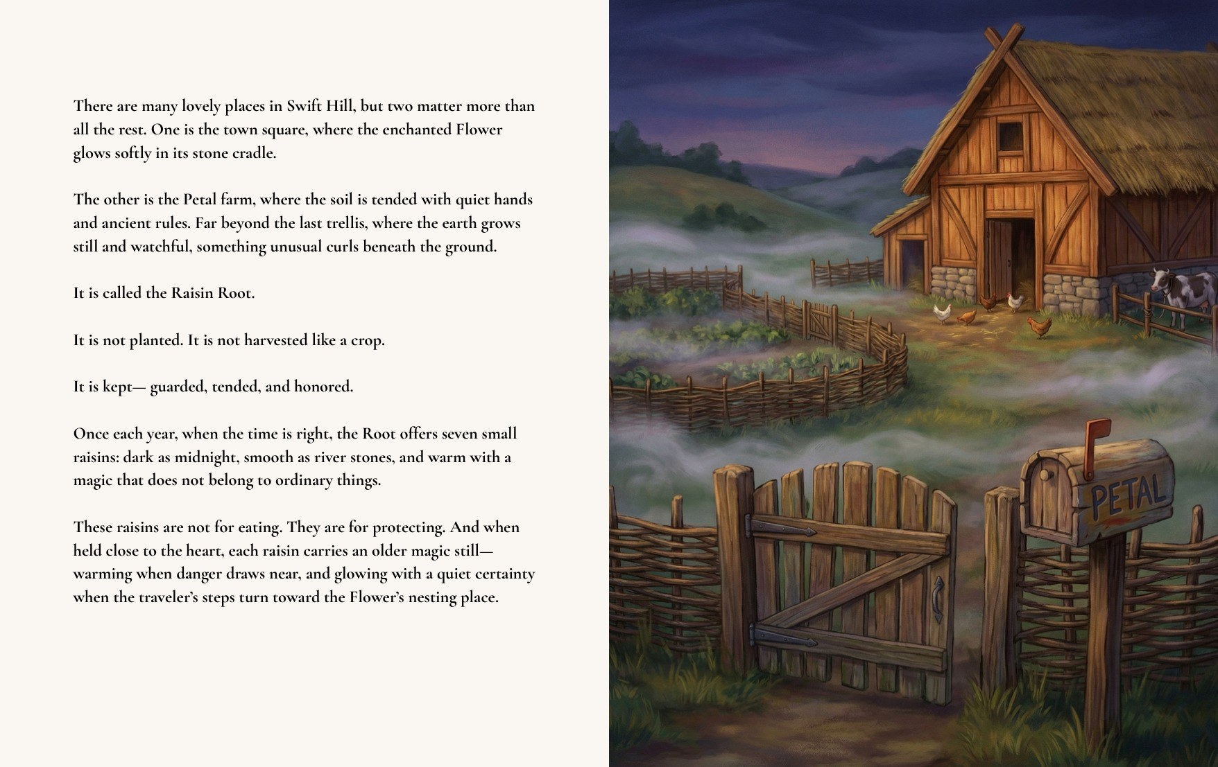 An interior spread from The Travelers pairs a passage about the Raisin Root with an illustration of the Petal farm at dawn.
